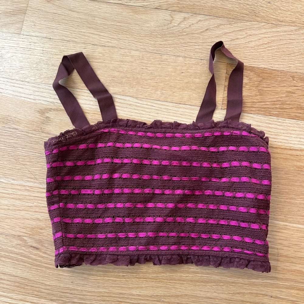 Ulla Johnson Raffia Striped Crop Top in Brown/Pink - Size 0 / XS